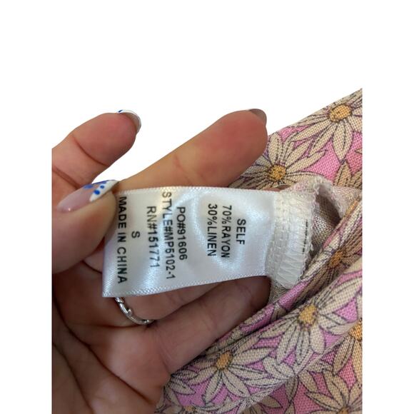 Lelis Floral Linen Blend Pink Daffodil Pants Woodstock Retro Boho Western S - Picture 5 of 5